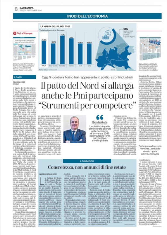La Stampa | 03/09/2026 | Il patto del Nord si allarga. Anche le pmi partecipano:“Strumenti per competere”
