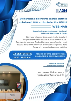 22 settembre ore 10:30 WEBINAR TECNICO CON ESPERTI DELL'AGENZIA DELLE DOGANE