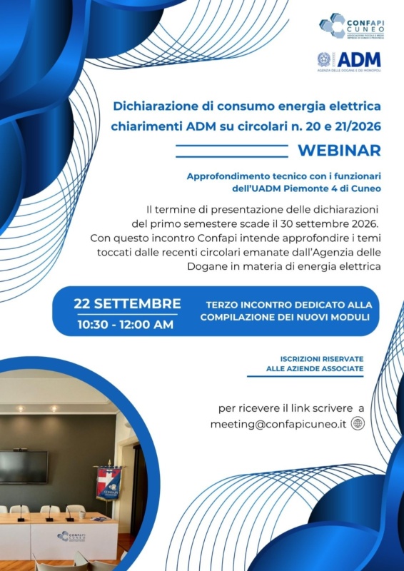 22 settembre ore 10:30 WEBINAR TECNICO CON ESPERTI DELL'AGENZIA DELLE DOGANE